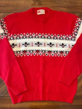 Vintage Norwegian Red Fair Isle Sweater by Olav Andersen for Revere sz Large
